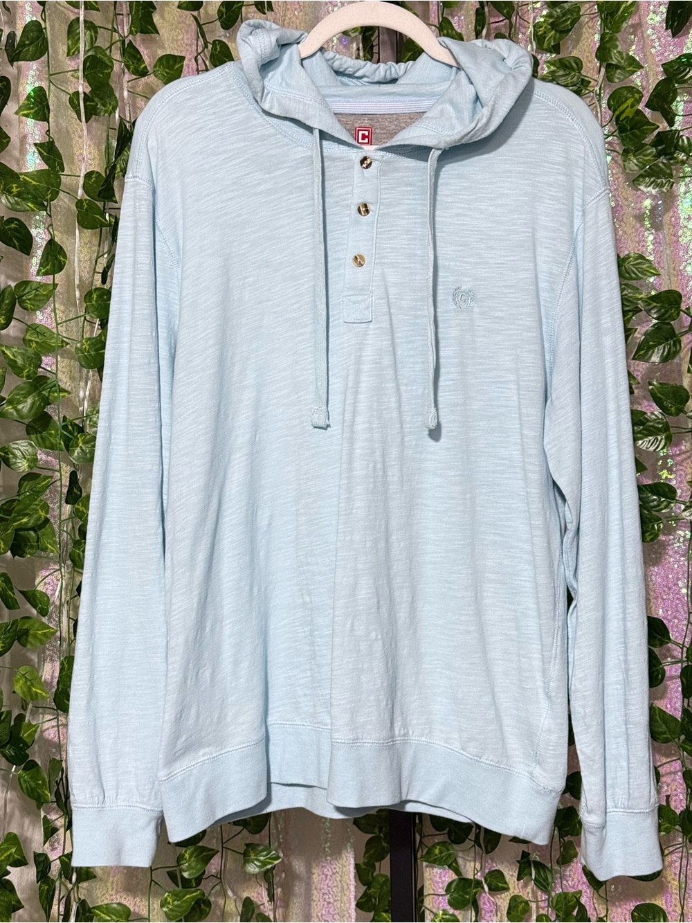 Chaps Mens Hoodie Henley Button Pullover Lightweight Jersey Crystal Blue Large